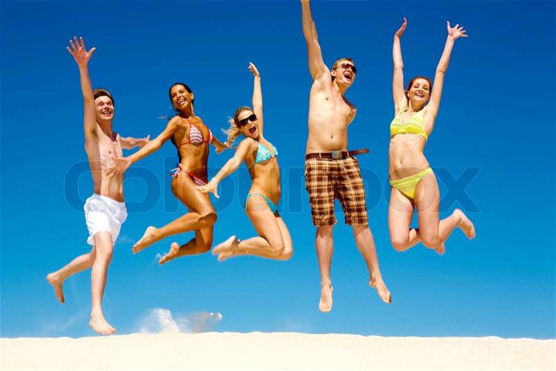 Photo of slim energetic people jumping and screaming at summer , stock photo