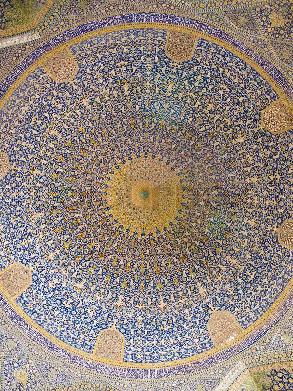 Dome of the mosque, oriental ornaments from Shah Mosque in Isfahan, Iran, stock photo