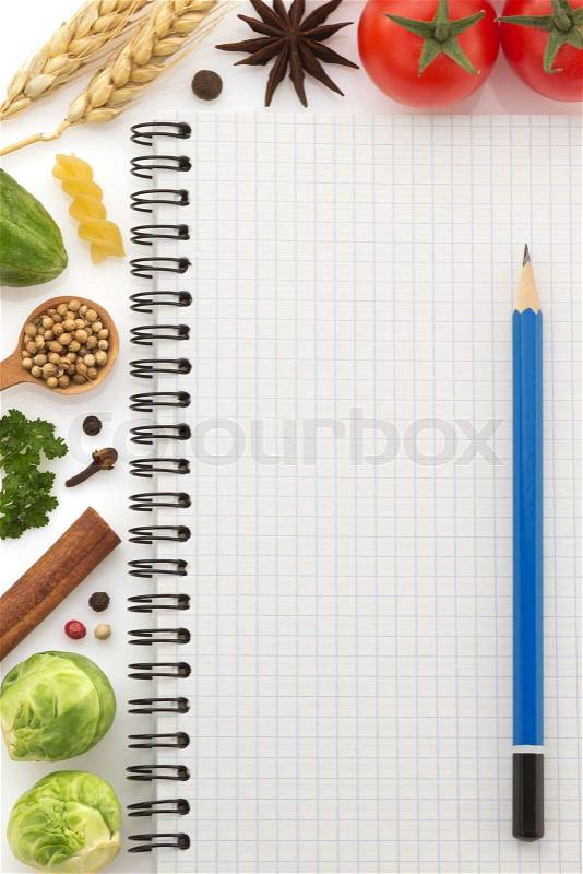 Food ingredients and paper, stock photo