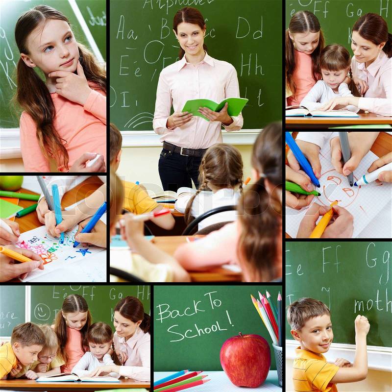Collage of pupils and their teacher in classroom at lesson, stock photo