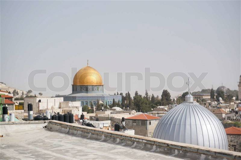 Cross, mosques, church and jerusalem old city sky, stock photo