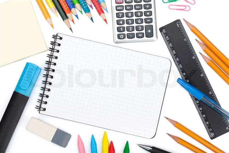 School and office tools. Isolated on white background, stock photo