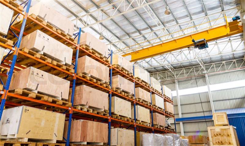 Shelves and racks in distribution warehouse interior , stock photo