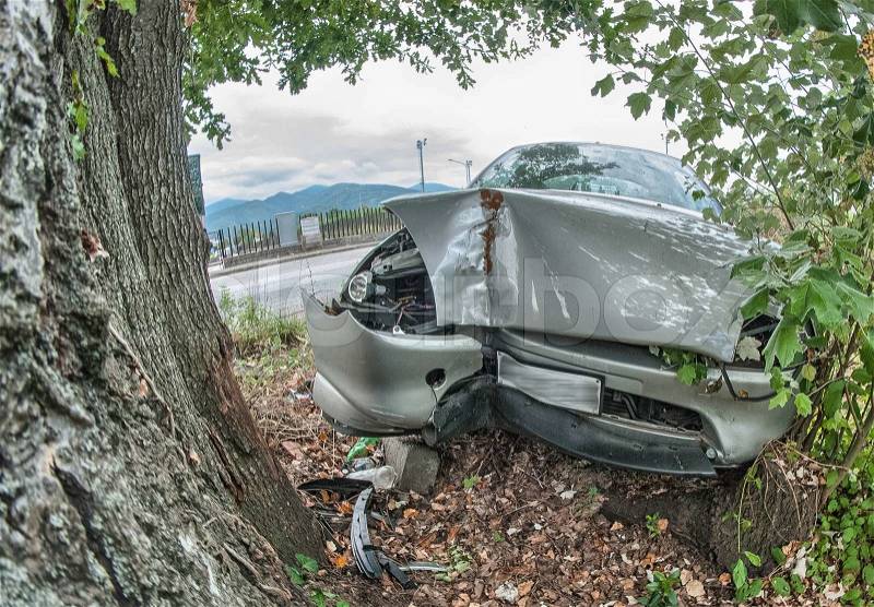 Car bumped against a big tree - Road Accident, stock photo