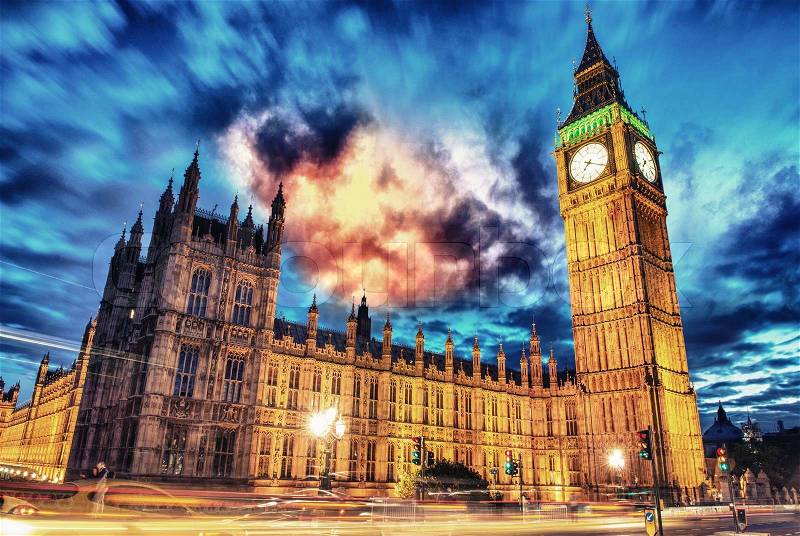 Big Ben and House of Parliament at dusk from Westminster Bridge - London - UK, stock photo