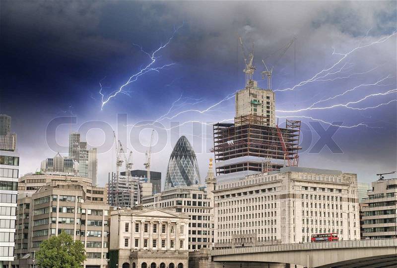 Storm above Modern Buildings and Architecture of London in Autumn, stock photo