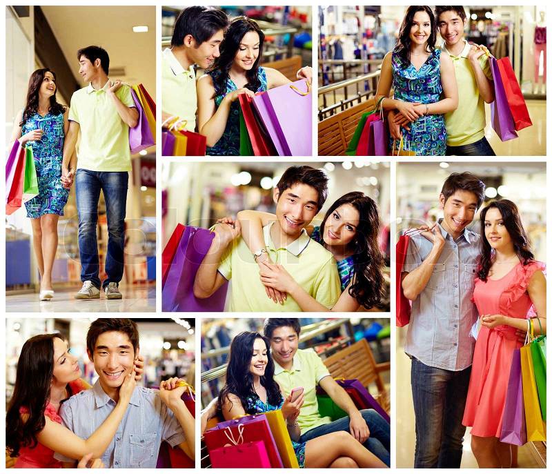 Collage of romantic couple with shopping bags spending time in the mall, stock photo