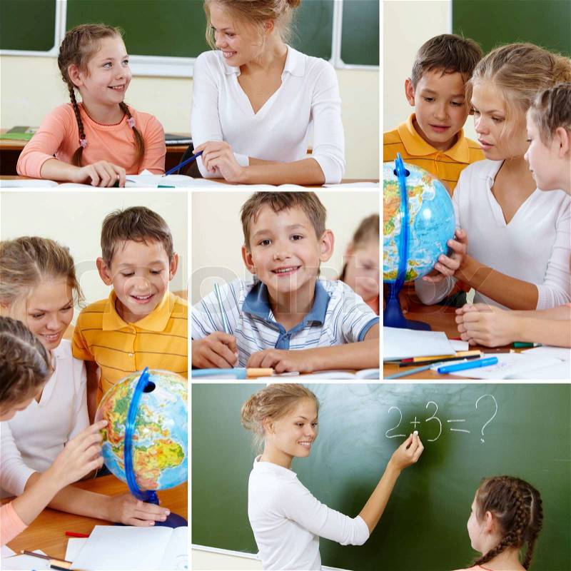 Collage of cute classmates and teacher at lesson, stock photo