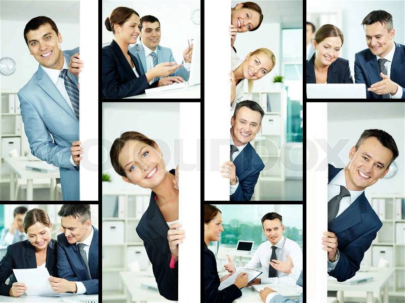 Collage of friendly professionals planning work and peeking out of poster, stock photo