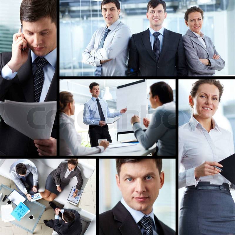 Collage of business partners in different situations, stock photo