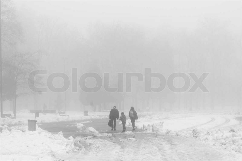 People walking in foggy winter landscape with snow, stock photo