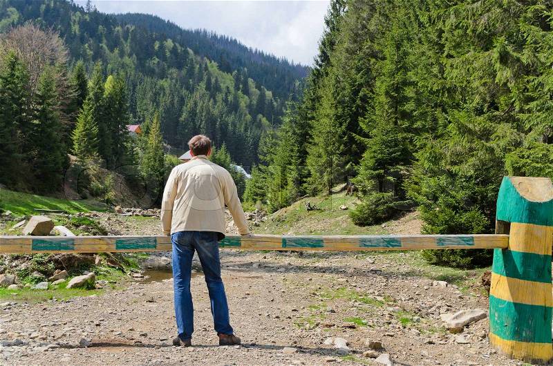 Man standing with his back to the camera admiring a forested valley with steep mountain slopes, stock photo