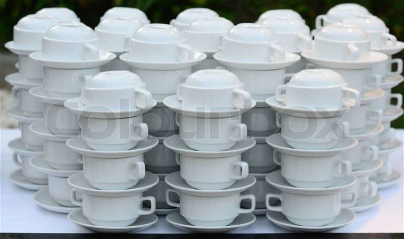 Stacked empty tea or coffee cup prepared for dinner, stock photo