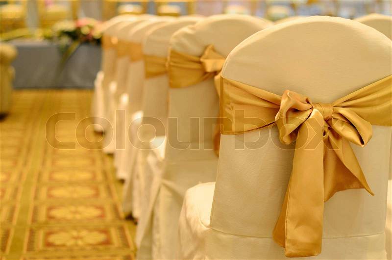 Wedding chair decorated with gold color ribbon in row, stock photo