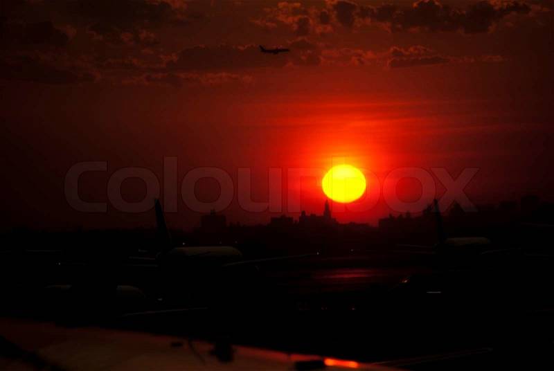 Sunset at the Airport in New York City, stock photo