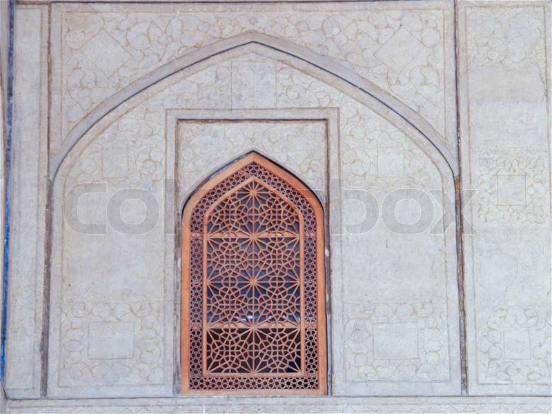 Islamic pattern woodern screen window in Chehel Sotoun Sotoon Palace built by Shah Abbas II, Isfahan, Iran, stock photo