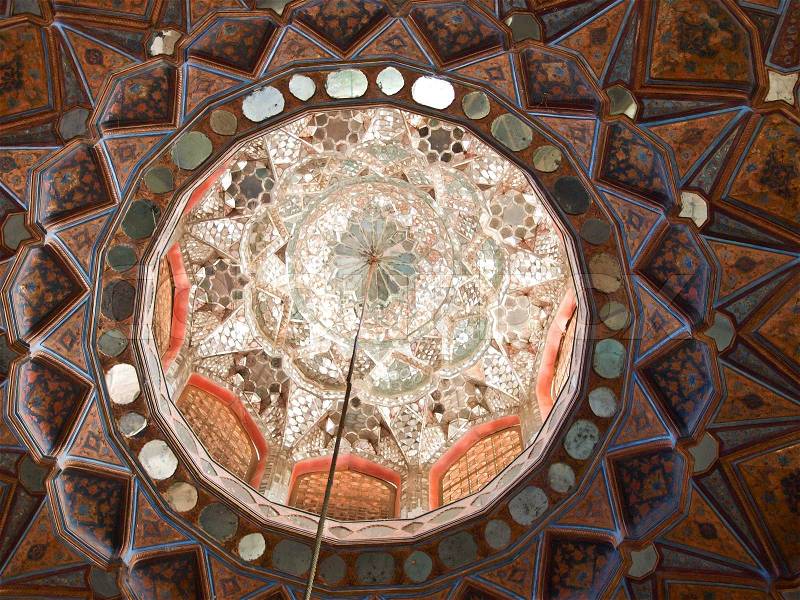 Islamic pattern on wood and mirror ceiling decoration in Chehel Sotoun Sotoon Palace built by Shah Abbas II, Isfahan, Iran, stock photo