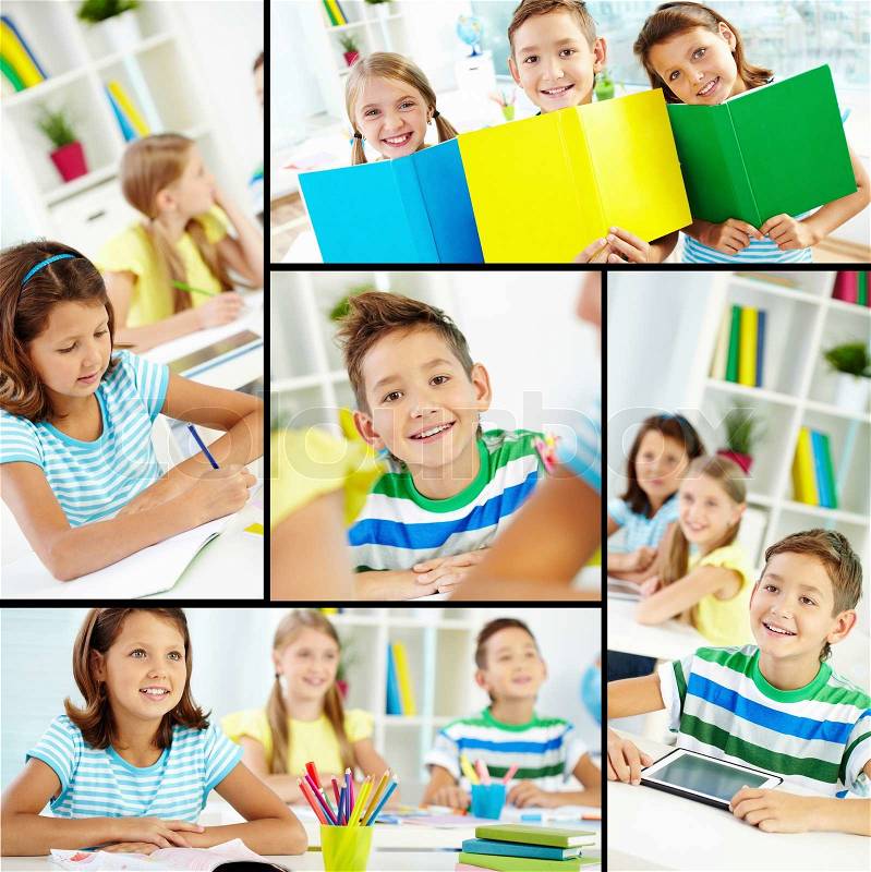 Collage of happy classmates at lessons, stock photo