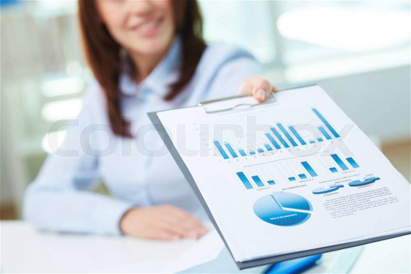 Image of business document being shown by female, stock photo