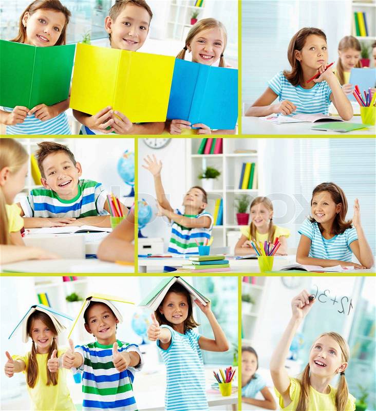 Collage of happy classmates at lesson in classroom, stock photo