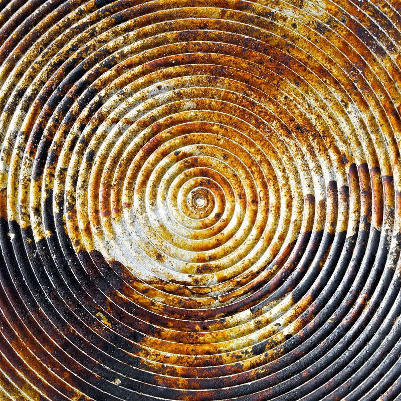 Close up shot of old spiral on metal plate texture background, stock photo