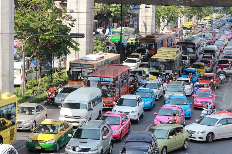 BANGKOK - MARCH 23: Traffic jam along a busy road near Victory Monument on March 23, 2013 in Bangkok, Thailand.After the new government first car polcy,traffic jam is more than before, stock photo