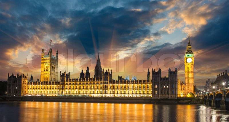 Big Ben and House of Parliament at River Thames International Landmark of London England at Dusk - UK, stock photo