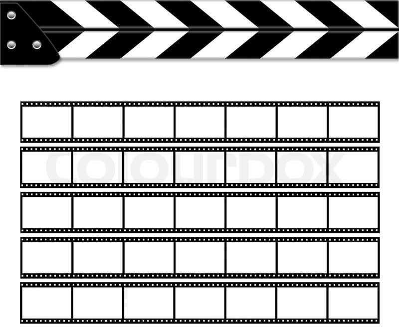 Clapper board on white background with films, stock photo