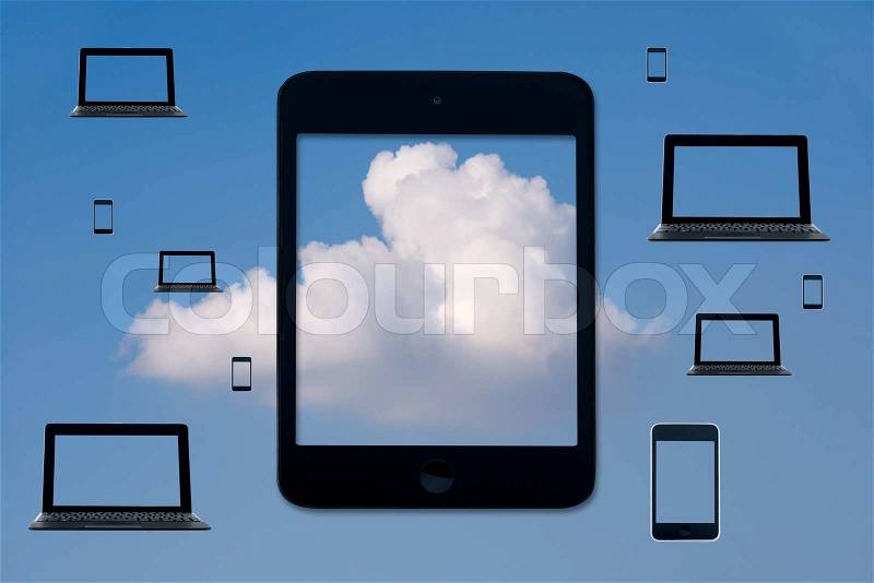 Computer tablet and other device access to the clouds system, stock photo