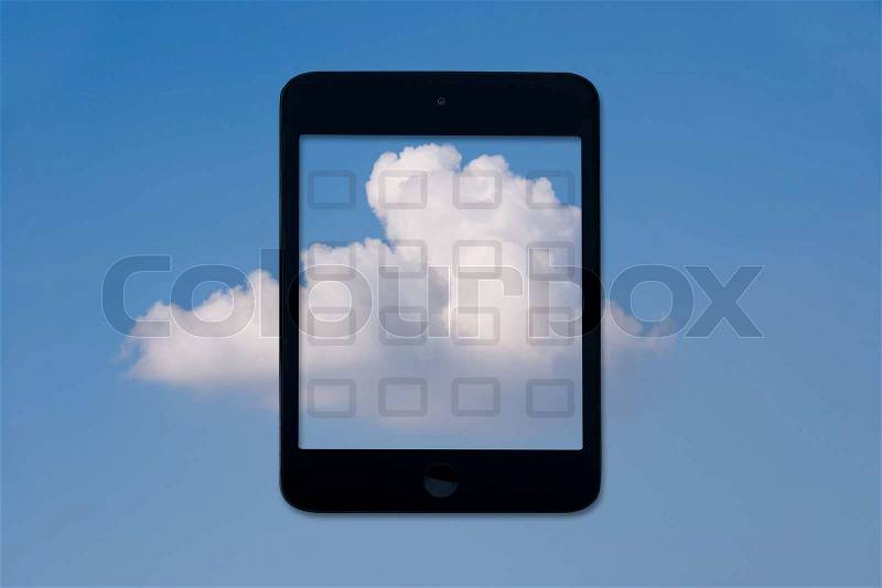 Digital tablet access to the clouds system, stock photo
