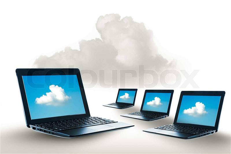 Laptop access to the clouds system, stock photo