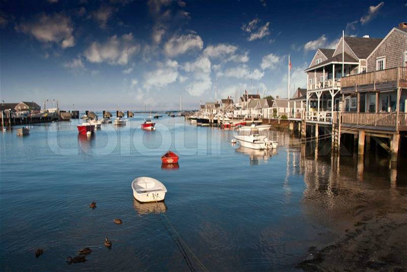 Homes over Water in Nantucket at Sunset, Massachusetts, U.S.A, stock photo