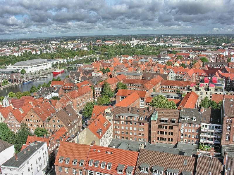Lubeck, Germany. Aerial view of the city in summer season, stock photo