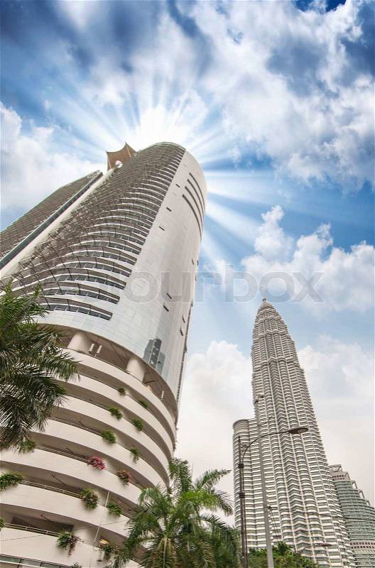 Wonderful view of Kuala Lumpur Skyscrapers from street level, stock photo