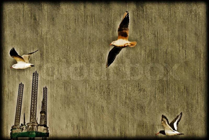 Three birds and one oil-rig in a vintage style, stock photo