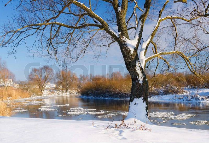 Snow-covered winter river. Nature composition, stock photo