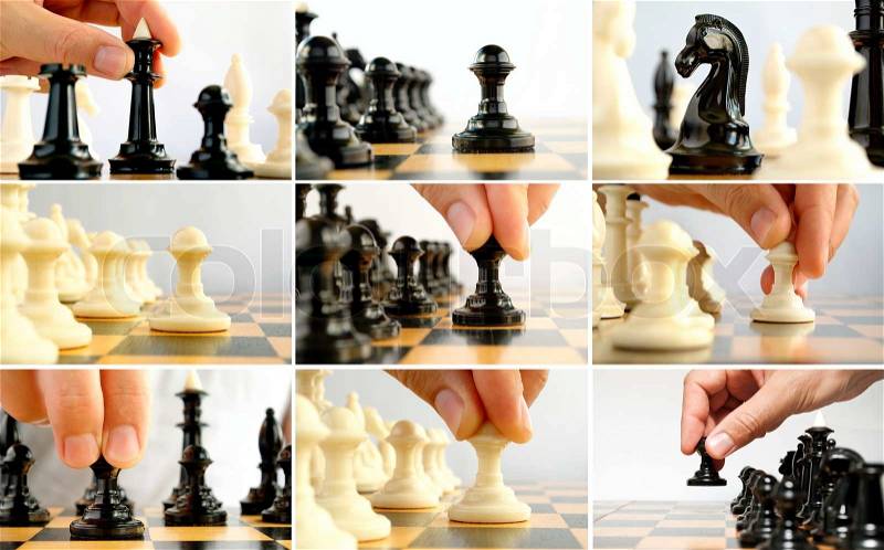 Composite image of nine photos of a chess game with close-ups of pieces and moves, stock photo