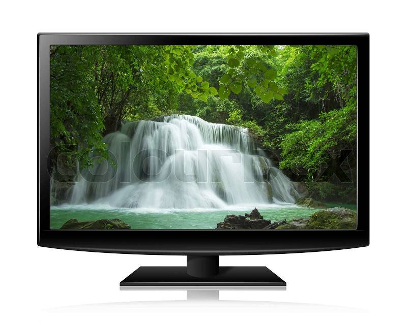 Flat screen tv lcd or led realistic illustration with nature wallpaper, stock photo