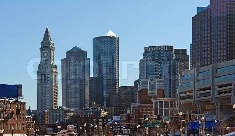 City view of Boston Massachusetts, USA in front of blue sky, stock photo