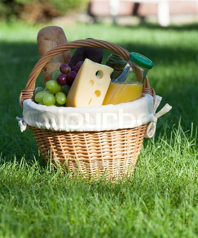 Outdoor picnic basket with bread, cheese and grape on green lawn, stock photo