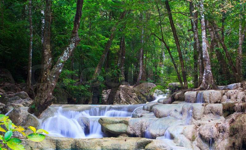 Waterfall and blue stream in the forest Kanjanaburi Thailand, stock photo