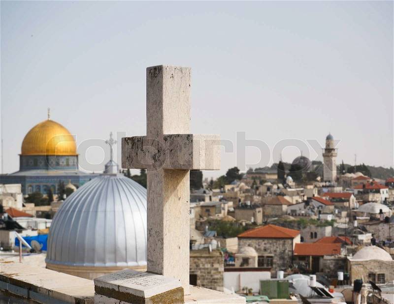 Cross, mosques, church and jerusalem old city sky, stock photo