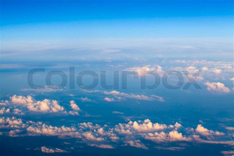Sky and clouds. Plane view from the window, stock photo