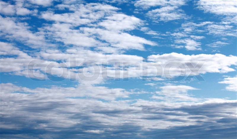 Blue cloudy sky horizontal background texture, stock photo