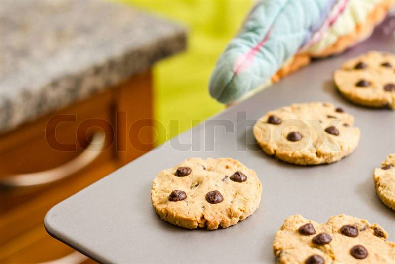 Woman holding a tray with homemade baked cookies with colorful kitchen gloves, stock photo