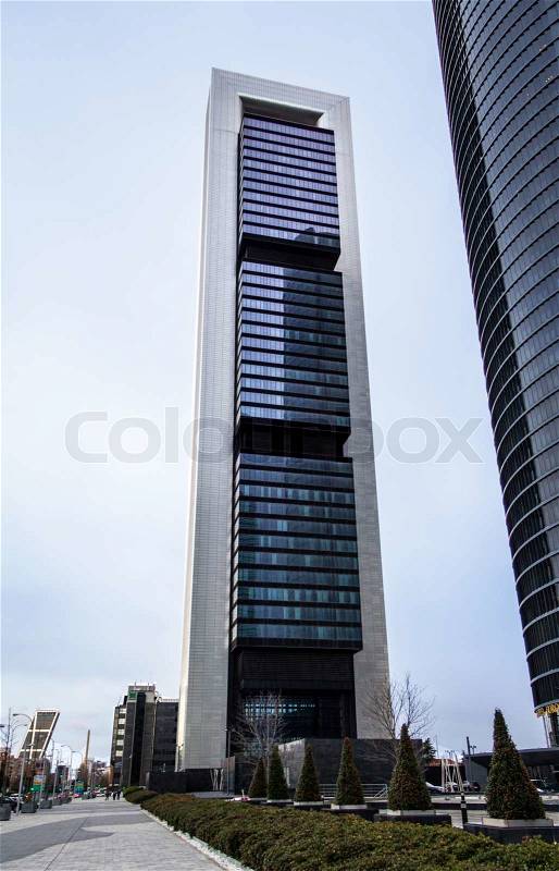 MADRID, SPAIN - MARCH 10 Cuatro Torres Business Area CTBA, in Madrid, Spain, on March 10, 2013. The Bankia Tower skyscraper, was designed by English architect Norman Foster and inaugurated in 2009, stock photo