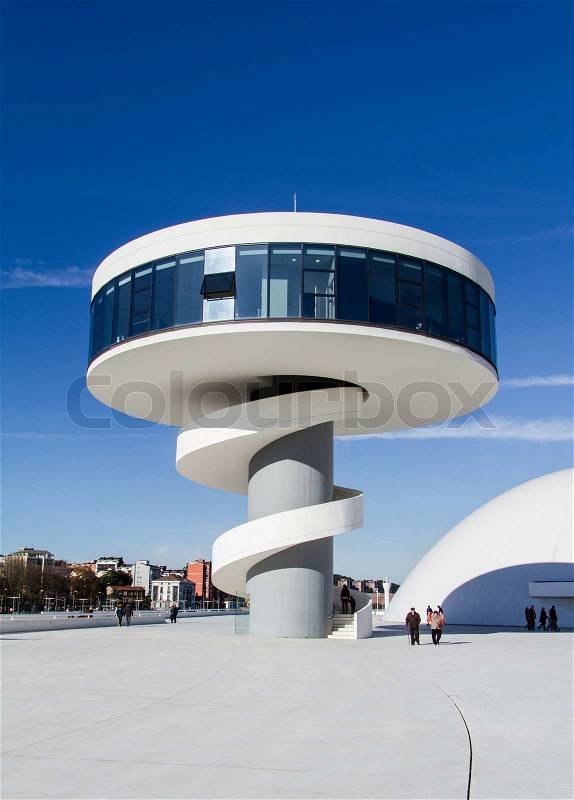View of Niemeyer Center building, in Aviles, Spain, on December 09, 2012. The cultural center was designed by Brazilian architect Oscar Niemeyer, and was his only work in Spain, stock photo