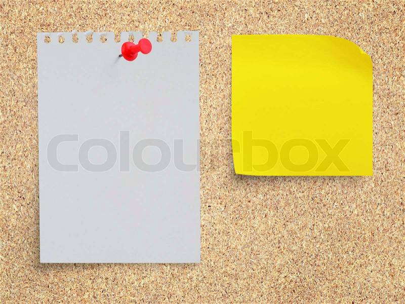 White torn paper note and sticker note paper with red pushpin on memo board, stock photo