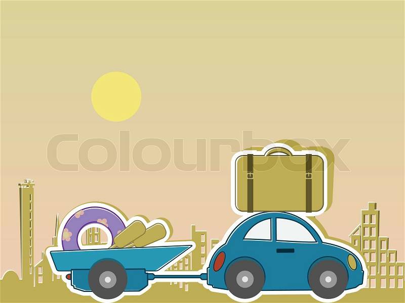 Passenger car with a caravan and a load of for recreation travels on city background, vector