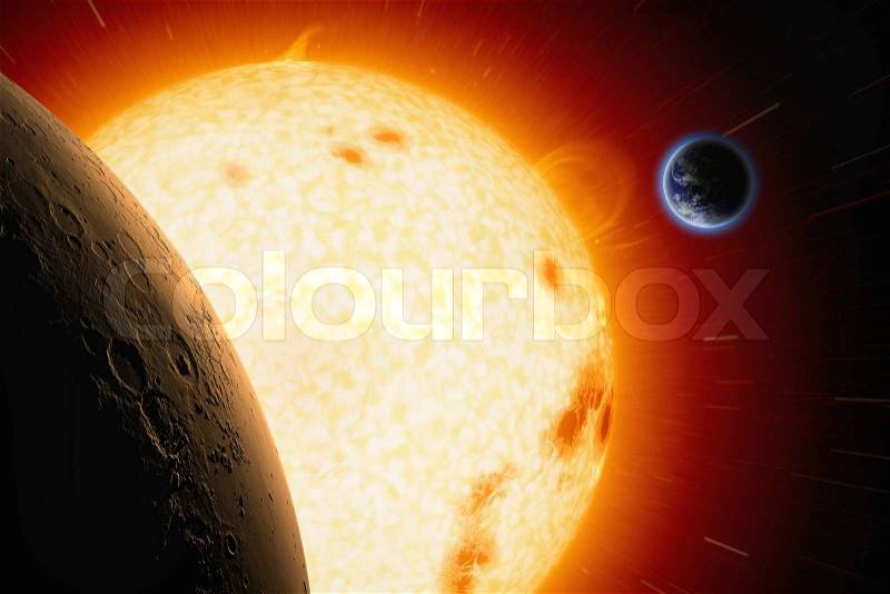 Abstract scientific background - planets Earth and Mars in space, bright red sun. Elements of this image furnished by NASA/JPL-Caltech, stock photo